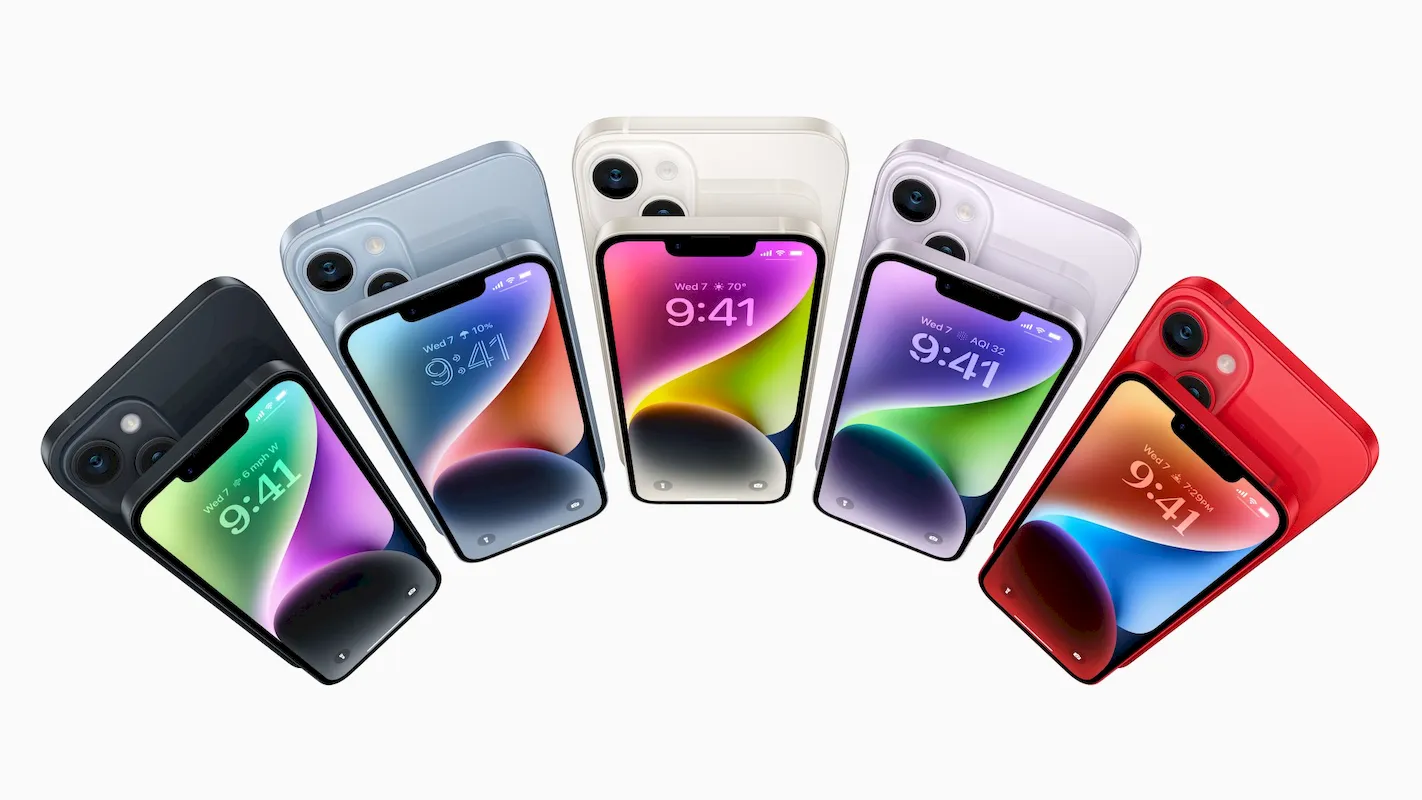 Năm tùy chọn màu của iPhone 14: Đen, Xanh, Trắng, Tím, Đỏ